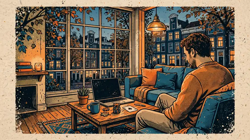 Sfeervolle Nederlandse woonkamer met laptop, pokerfiches en zacht avondlicht.