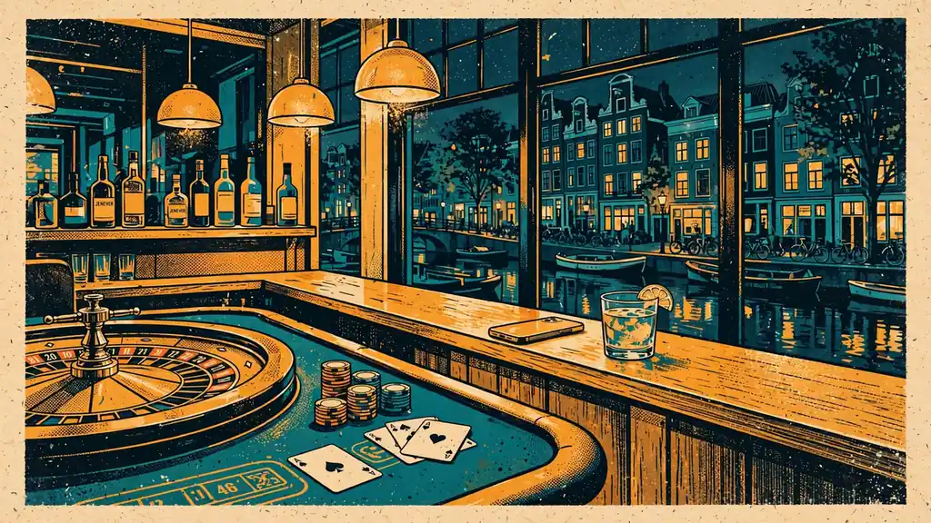 Verlichte casinozaal in Nederland met roulettetafel en smartphone op de bar