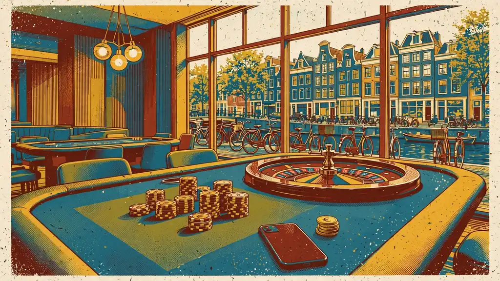 Modern casino-interieur met speeltafel, chips en zicht op een Amsterdamse gracht.
