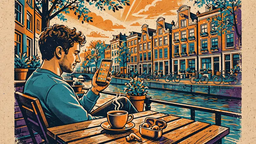 Persoon met Android-telefoon op een terras aan een Amsterdamse gracht.
