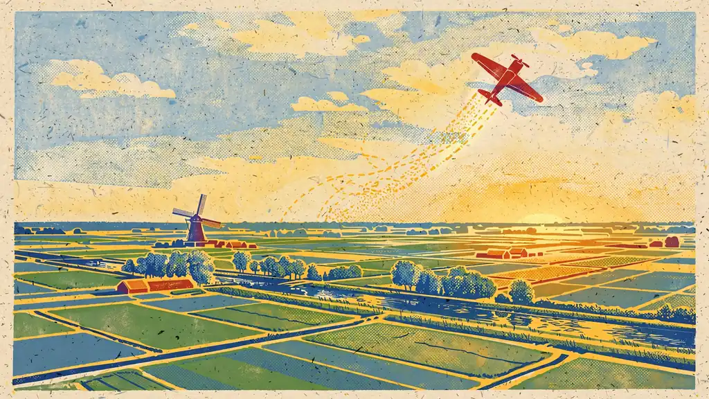 Rood vliegtuig stijgt op boven Nederlands polderlandschap met windmolen