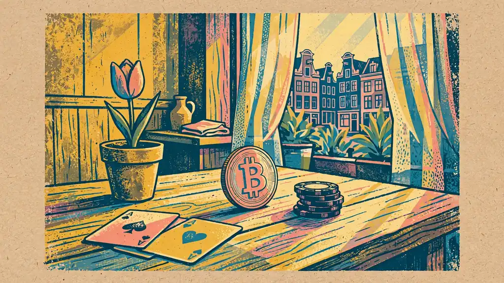 Bitcoin munt met casinofiches en speelkaarten op een houten tafel in een Amsterdamse cafésfeer