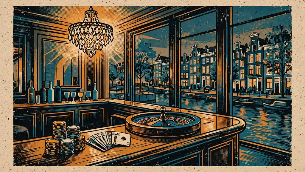 Sfeervolle casino-lounge met fiches, kaarten en roulette in een Nederlands grachtenpand bij avond
