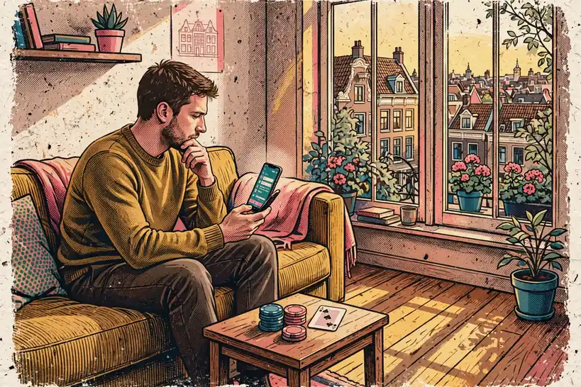 Nederlandse man overweegt buitenlandse goksites op zijn telefoon in Amsterdam.