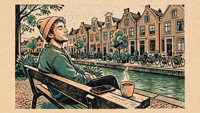 Persoon op een bankje langs een gracht in Nederland met een telefoon naast een kop koffie.