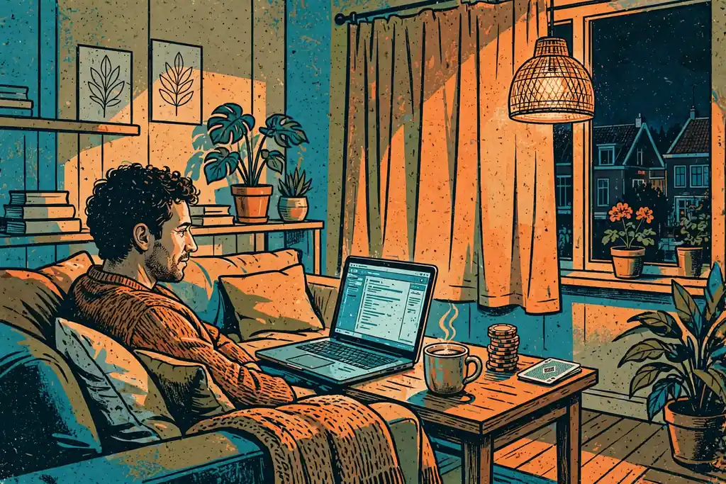 Persoon speelt online casino in een warme huiskamer met laptop en fiches.