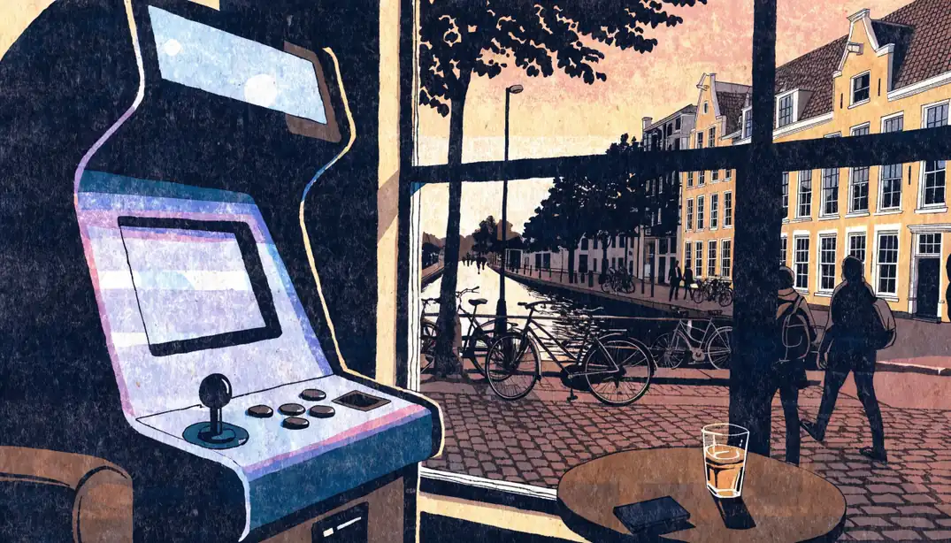 Modern casino lounge met gokkast in Amsterdamse sfeer