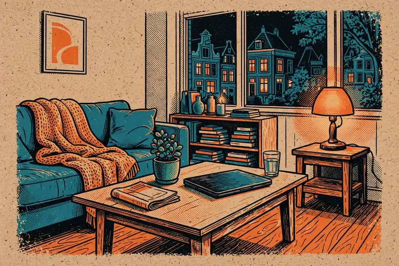 Modern ingerichte Nederlandse woonkamer met salontafel en warme sfeer