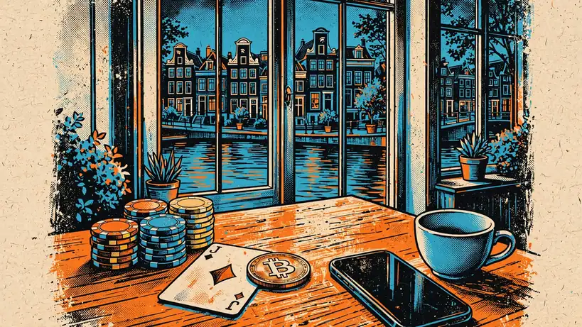 Stapel casinofiches en cryptomunt op tafel in Amsterdams grachtenpand bij schemering