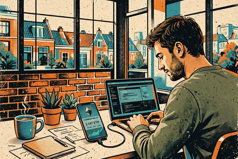 Man koppelt Ethereum wallet aan laptop in modern Nederlands appartement