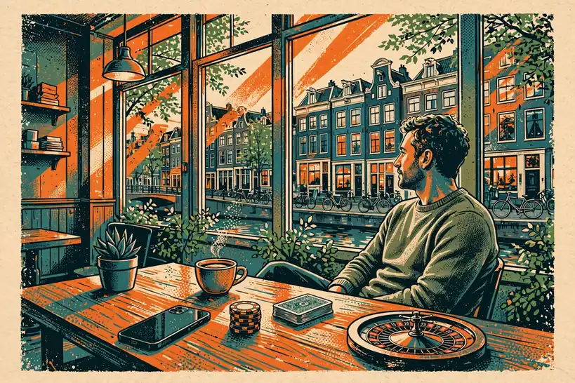 Sfeer in een Amsterdams café met gokattributen op tafel