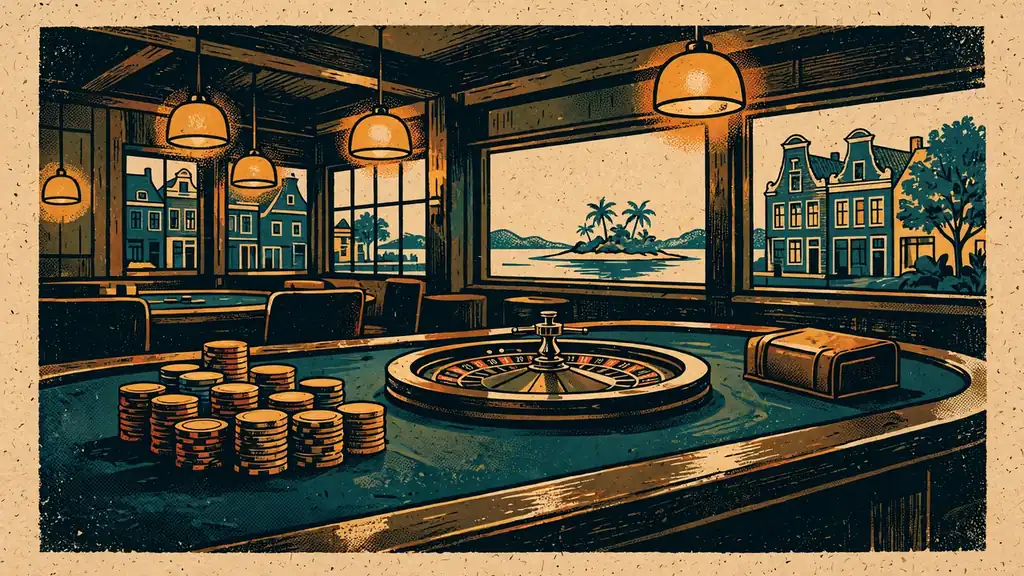Casino tafel met fiches en roulette in warme lounge sfeer