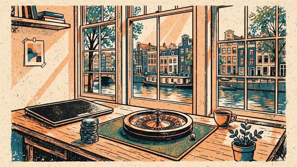 Stille Amsterdamse thuiswerkplek met gesloten laptop, pokerfiches en roulettewiel.