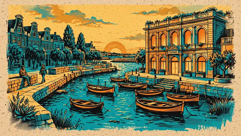 Maltese haven bij zonsondergang met casino en historische architectuur