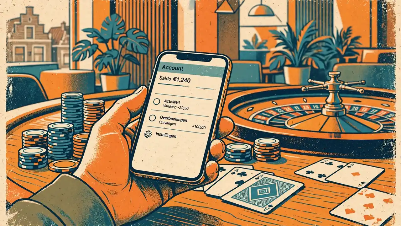 Hand met iPhone bij casinotafel met fiches en roulette