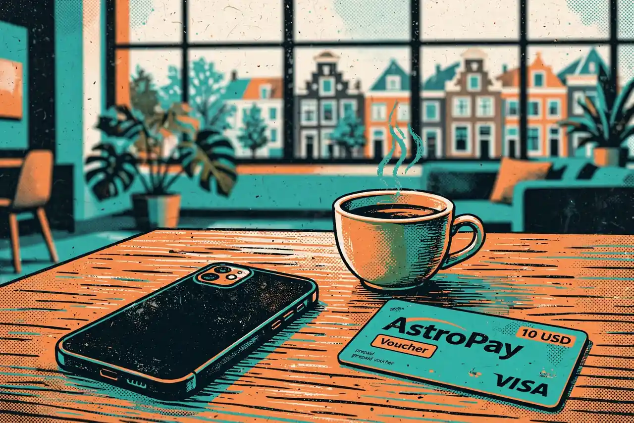 Smartphone met AstroPay-voucher op tafel in een Nederlands interieur