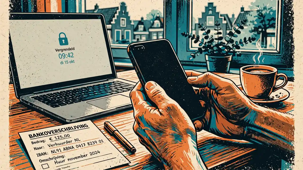 Handen met smartphone, laptop en bankoverschrijvingsformulier op een bureau