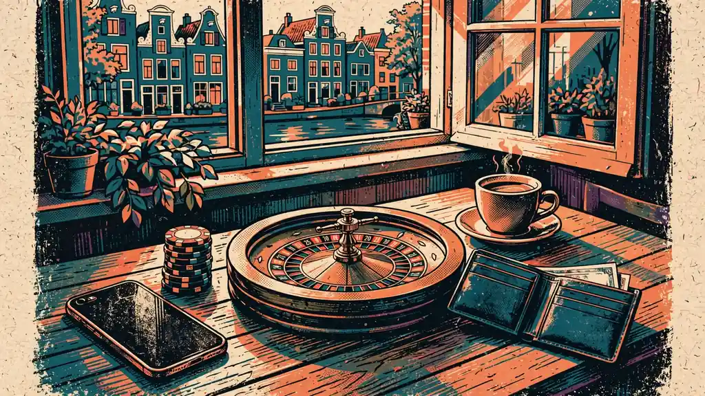 Smartphone met casinochips en roulettewiel op houten tafel bij raam
