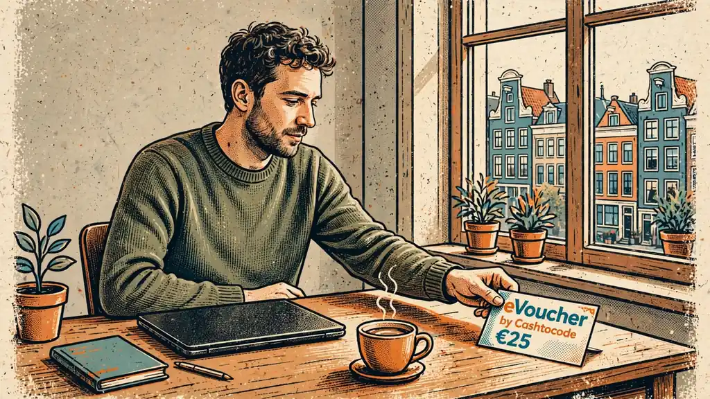 Man pakt Cashtocode voucher bij gesloten laptop op een bureau