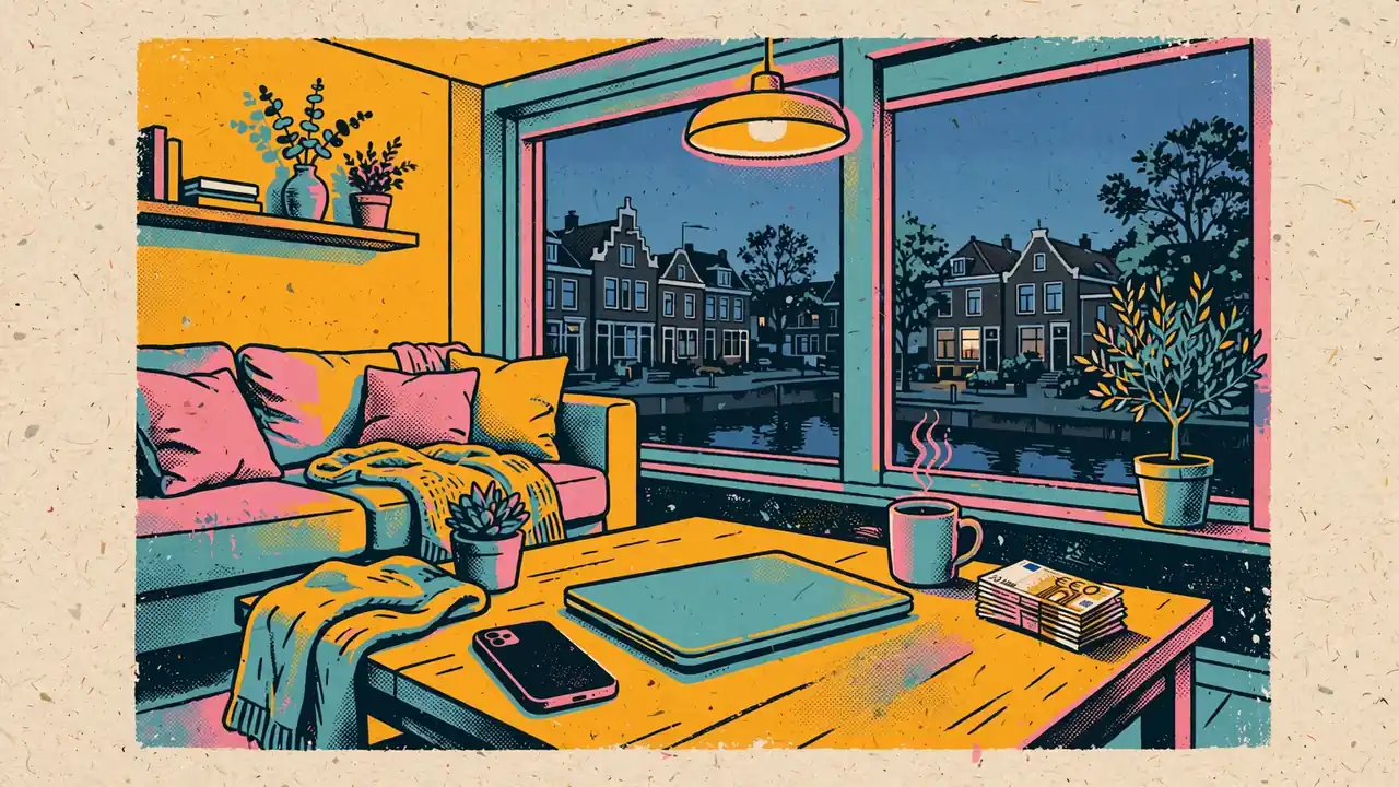 Apparaat op salontafel in een Nederlands huiskamer, klaar voor online betaling.
