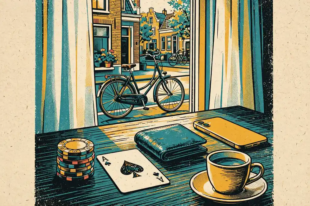 Stapel casinofiches en speelkaart op tafel met portemonnee in een lichte Nederlandse woonkamer.