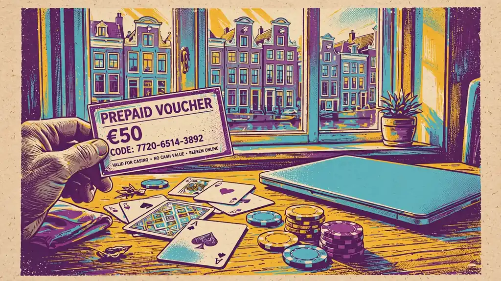 Hand met prepaid voucher op bureau met casinofiches en Nederlands grachtenpand door het raam