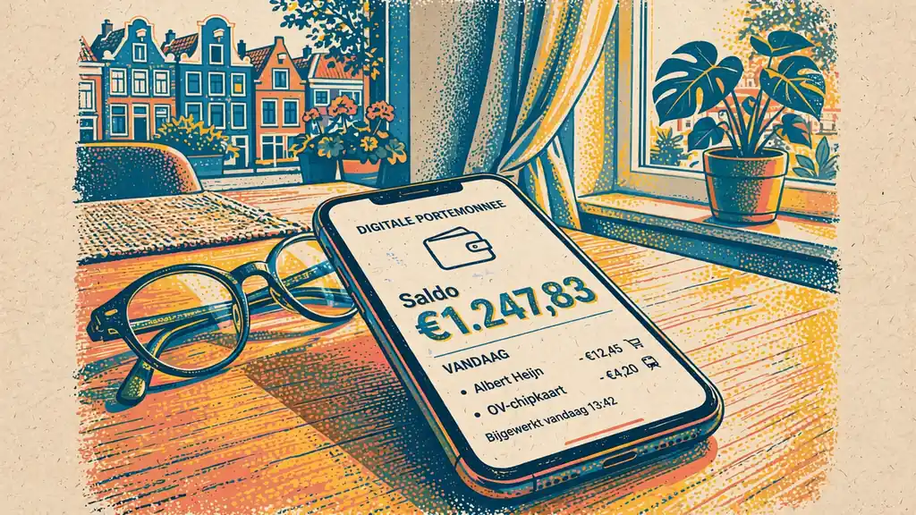 Smartphone met digitale portemonnee op een tafel in een Nederlands interieur