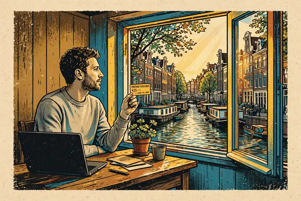 Persoon aan bureau met prepaid voucher bij raam met uitzicht op Amsterdamse grachten