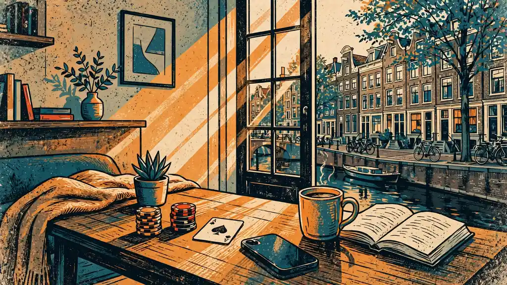 Modern Nederlands interieur met casinofiches, speelkaart en smartphone op salontafel