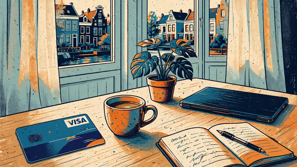 Visa-betaalkaart op een houten tafel naast een gesloten laptop in een modern Nederlands interieur