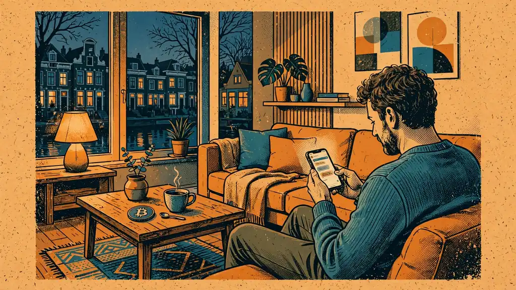 Persoon in Nederlandse woonkamer met smartphone en bitcoin-munt op tafel