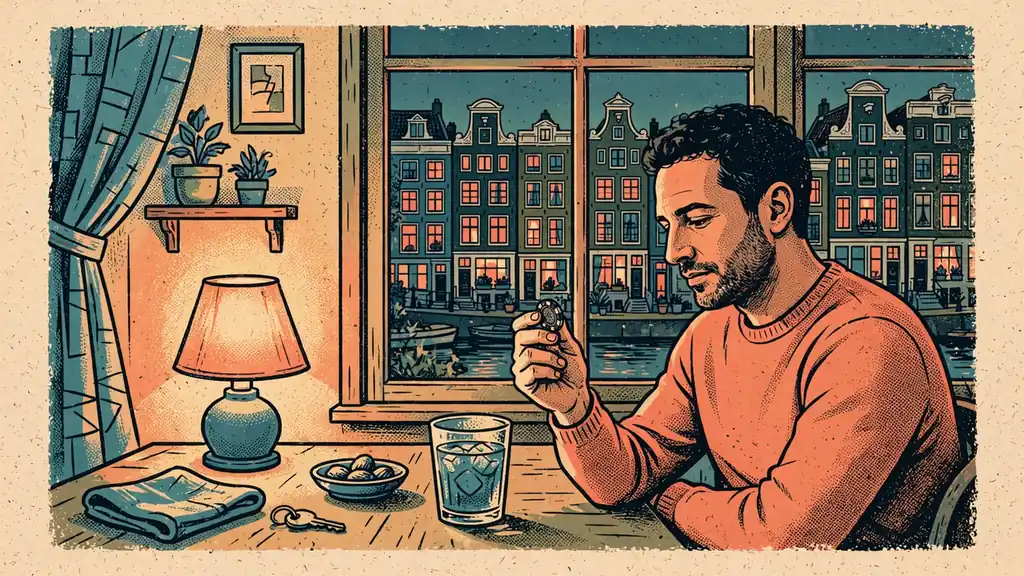 Nederlander aan tafel met casinomuntje in warme huiskamer, grachtenpand op de achtergrond.