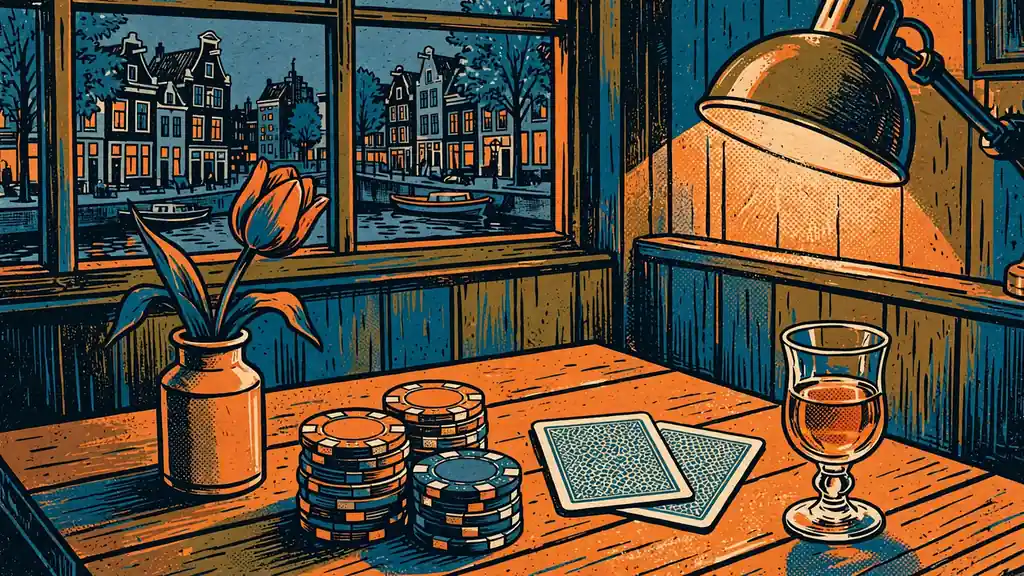 Kleurrijke casinofiches, speelkaarten en een tulp op een houten tafel in een bruin café