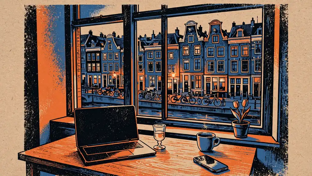 Moderne Nederlandse woning met laptop en smartphone aan tafel