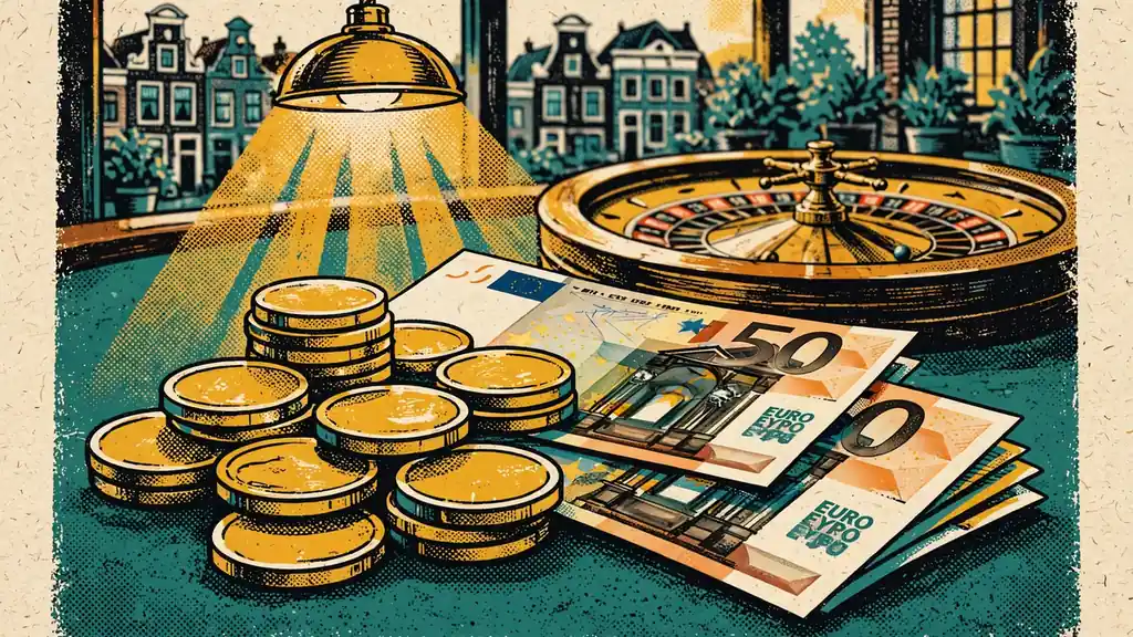 Gouden munten en eurobiljetten op een groene casinotafel met roulettewiel op de achtergrond.