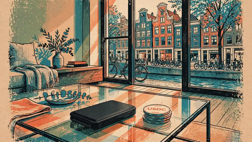 USDC-munten en hardware-wallet op tafel in een Nederlands huis