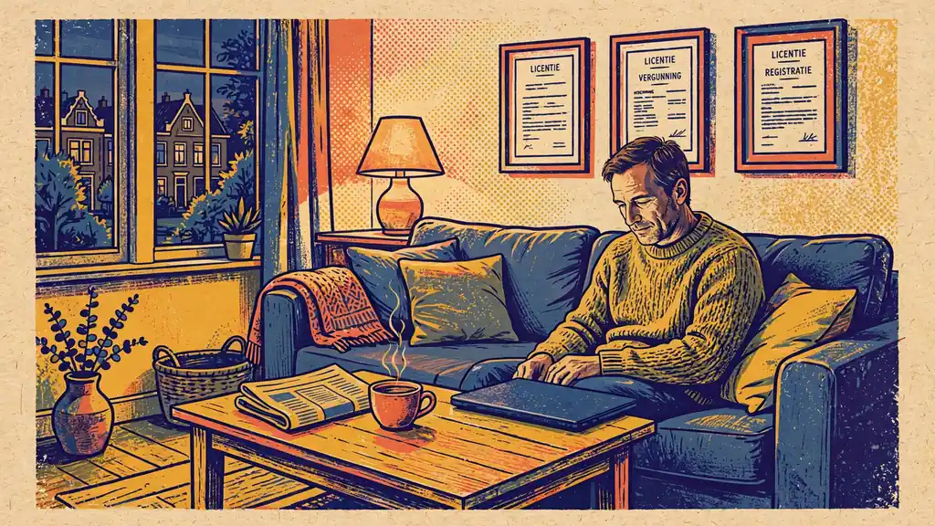 Nederlandse man controleert een laptop in een rustige woonkamer met koffie en documenten aan de muur.