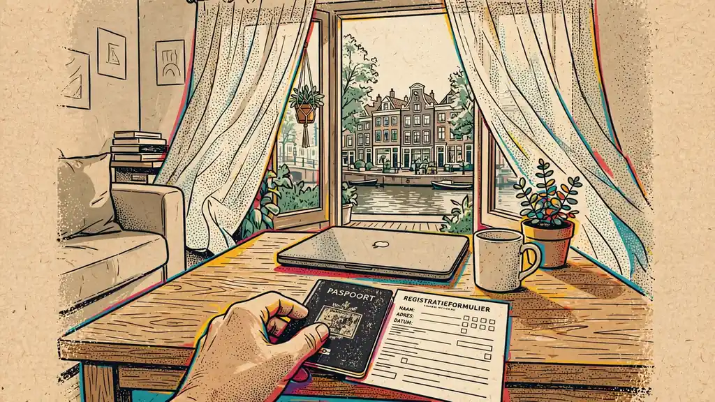 Nederlandse woonkamer met laptop, paspoort en registratieformulier op tafel bij daglicht.