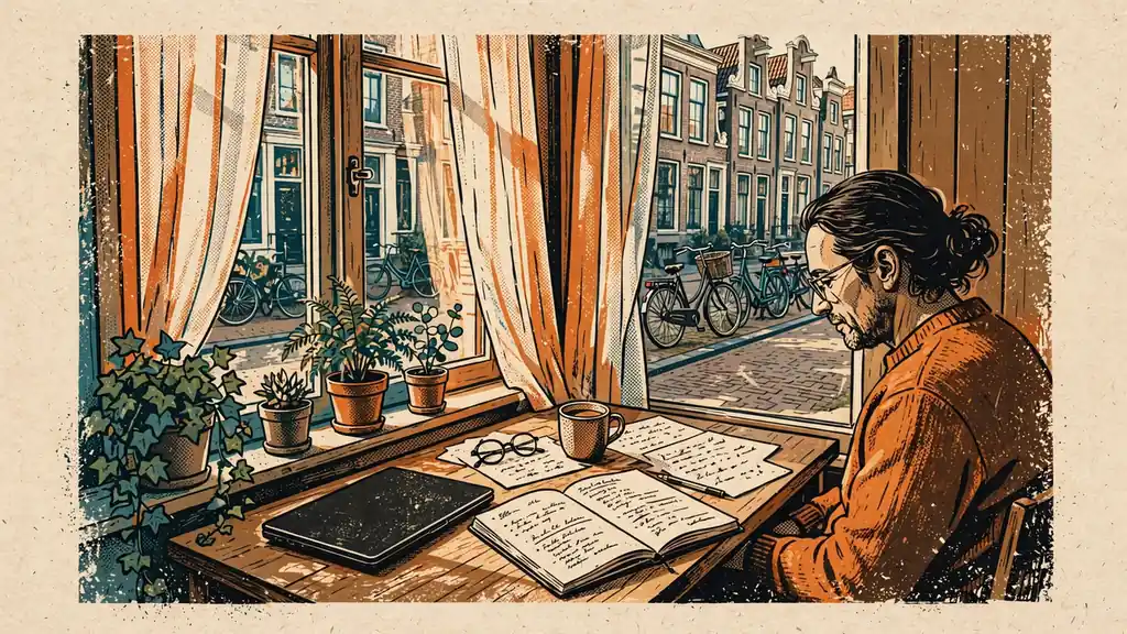 Persoon aan bureau controleert informatie in een Nederlands grachtenpand bij raam met planten
