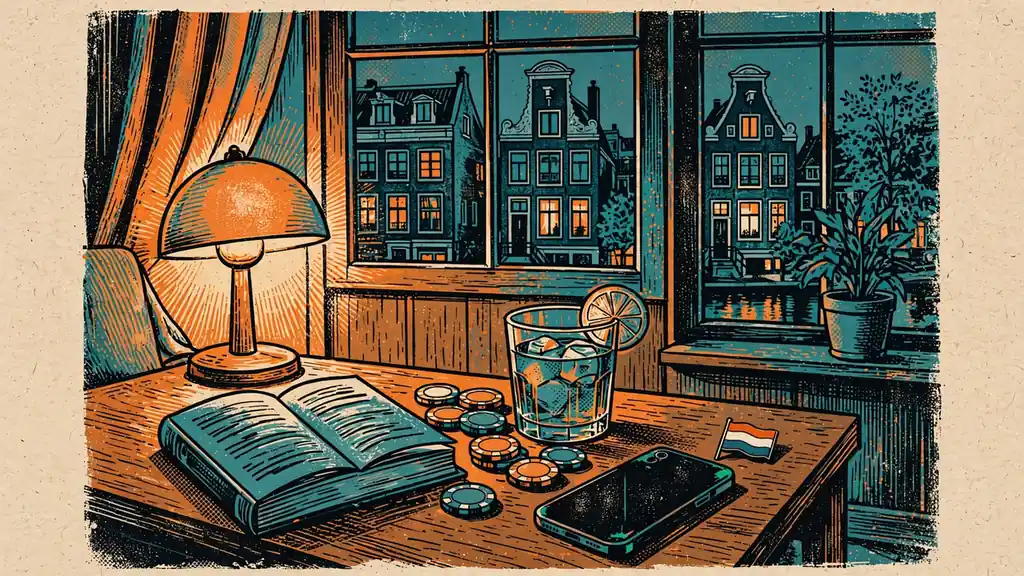 Nederlandse woonkamer met casinofiches en jenever op tafel, smartphone met scherm naar beneden.