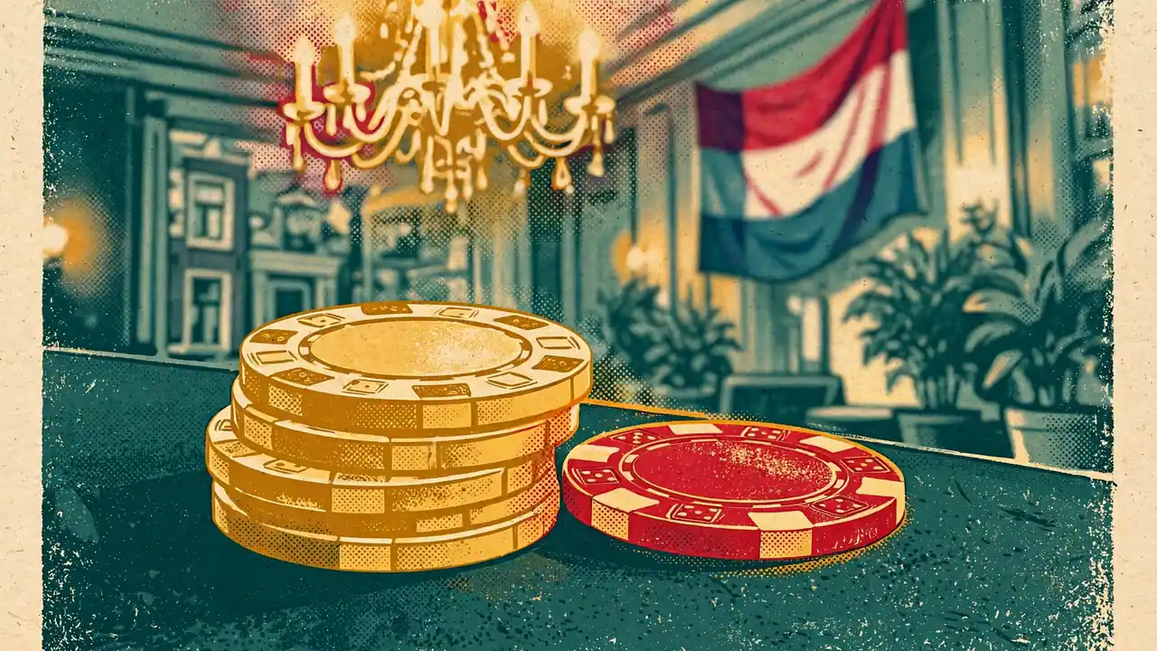 Stapel gouden casinofiches op een groene speeltafel in een warm verlichte Amsterdamse zaal.