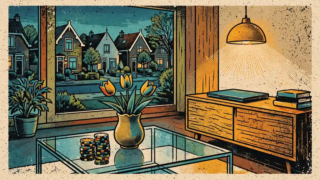 Nederlandse woonkamer met casinofiches en gesloten laptop bij warm lamplicht.
