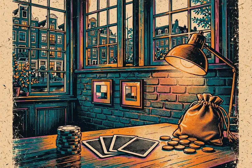 Houten tafel met casinofiches, speelkaarten en een zak gouden munten in een Amsterdams interieur.