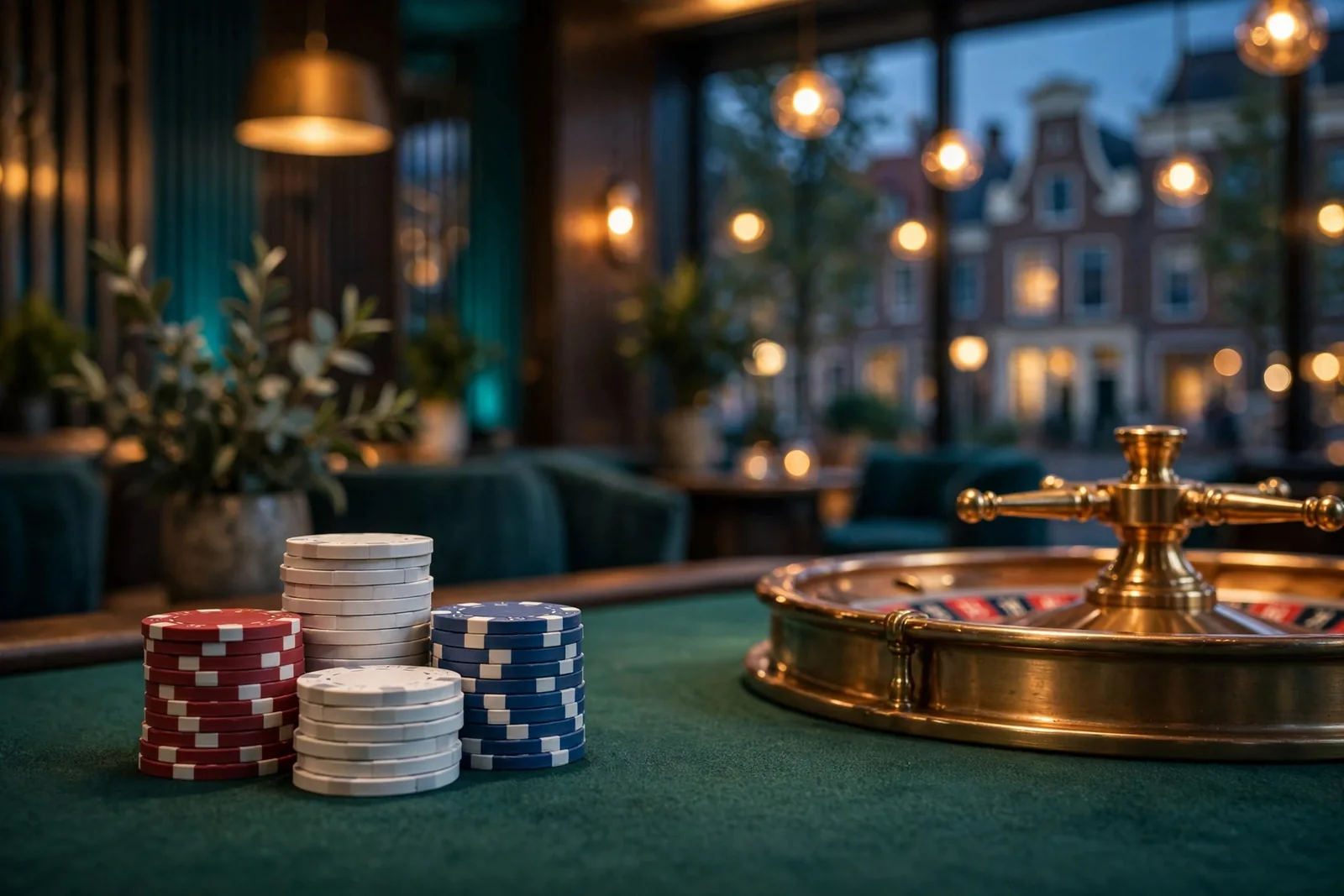Stapel casinofiches naast een roulettewiel in een Nederlands casino