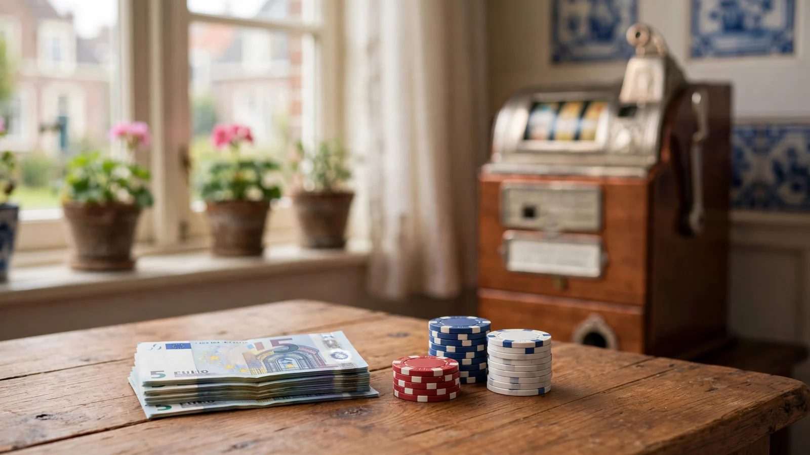 Vijf euro bankbiljet met casinofiches op een houten tafel