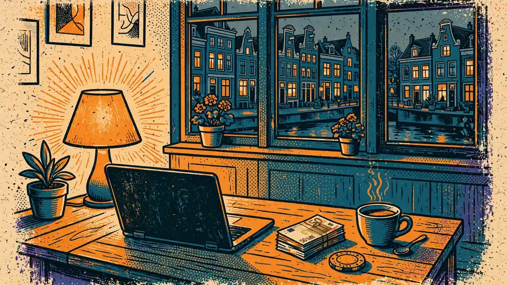 Sfeervolle Nederlandse huiskamer met laptop, euromunten en een casinofiche op tafel.