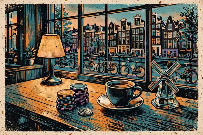 Sfeer in een bruin café met casinofiches en een windmollen-presse-papier