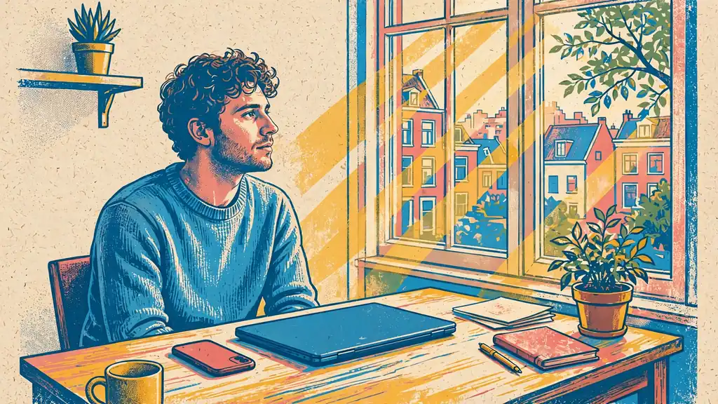 Persoon aan een bureau met laptop en telefoon, nadenkend in Nederlands interieur
