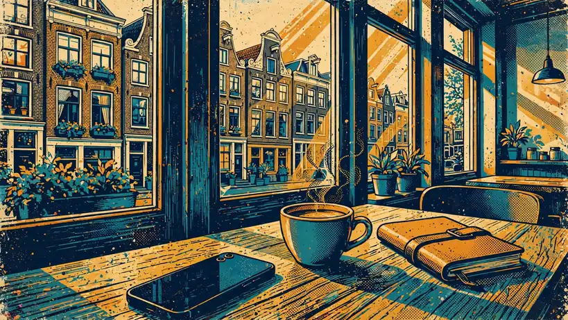 Leeg smartphone op een houten tafel in een Nederlands café, symbool voor pauze van gokken.