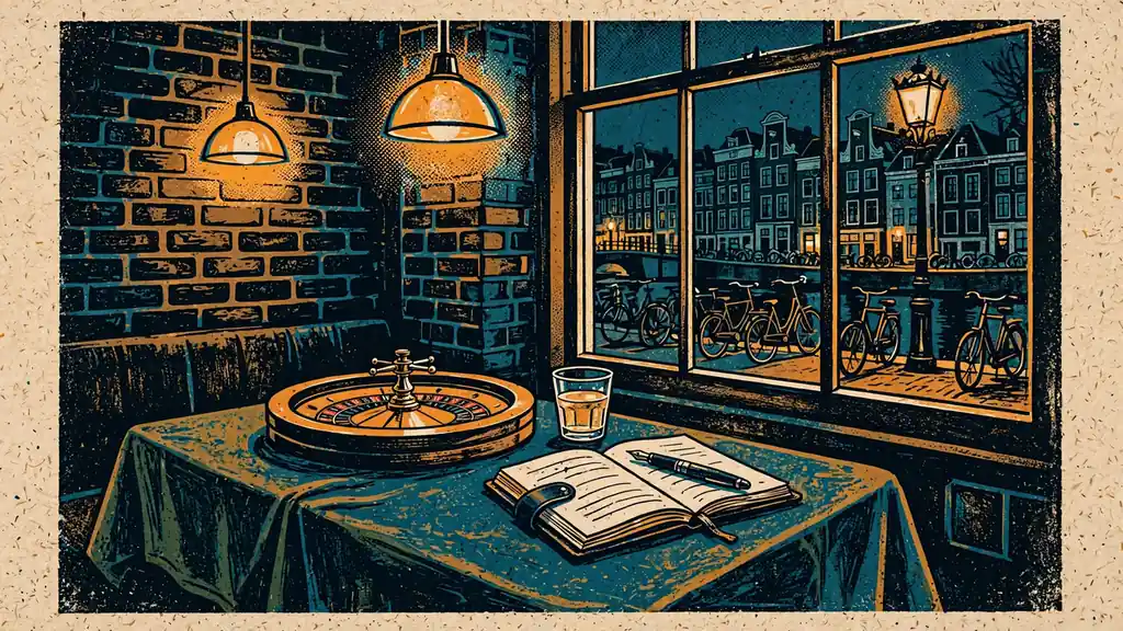 Sfeervol Amsterdams café met roulettewiel en jenever, s avonds verlicht